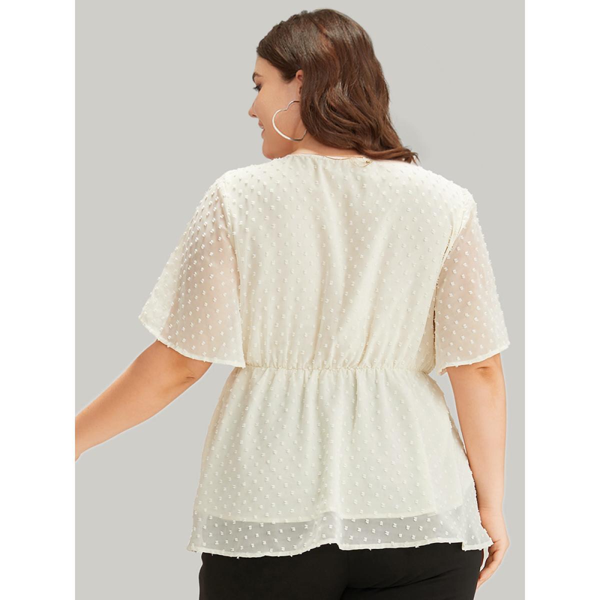 Plus Size Ivory Polka Dot Keyhole Mesh Gathered Flutter Sleeve Blouse Women Office Short sleeve V-neck Work Blouses BloomChic 10/M Product Image