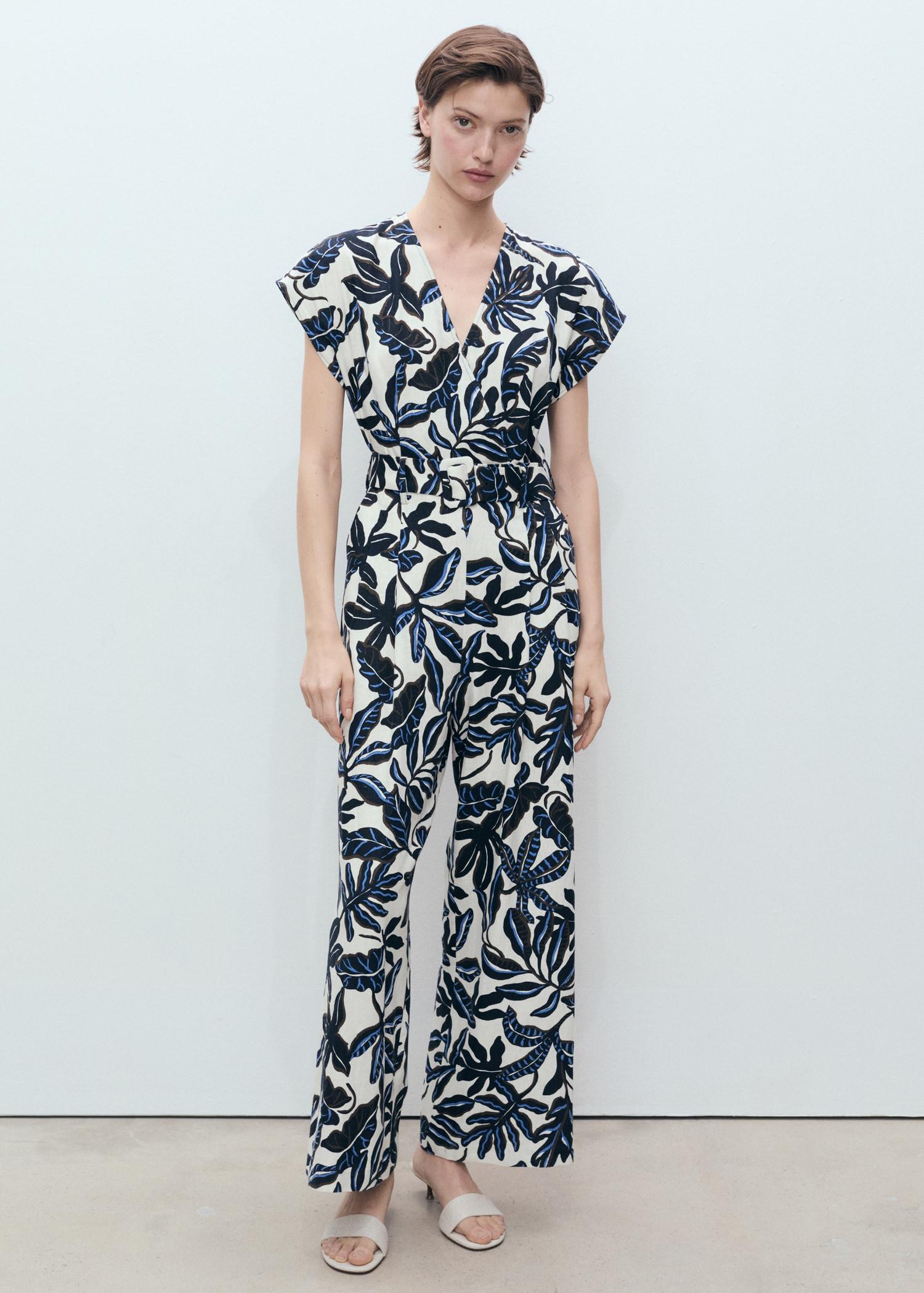 Printed linen jumpsuit with belt - Women | MANGO USA Product Image