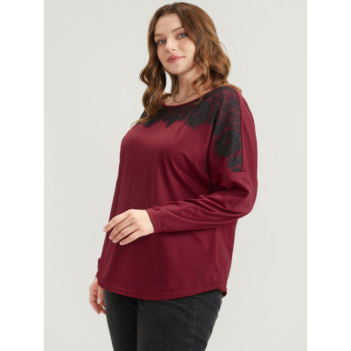 Plus Size Solid Round Neck Contrast Lace Long Tee Red Women Elegant Lace Plain Round Neck Dailywear T-shirts BloomChic 12/L Product Image