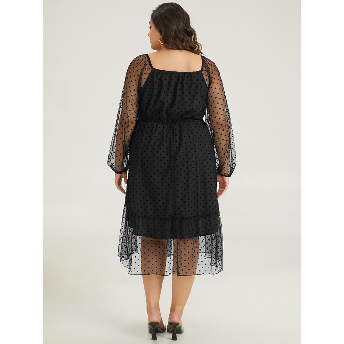 Plus Size Polka Dot Mesh Pocket Square Neck Dress Black Women Elegant Texture Square Neck Long Sleeve Curvy Midi Dress BloomChic 26/4X Product Image