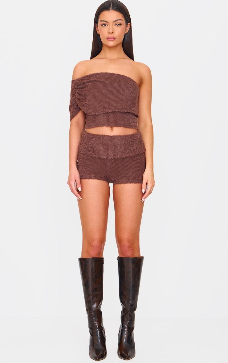 Chocolate Fluffy Textured One Shoulder Top Product Image