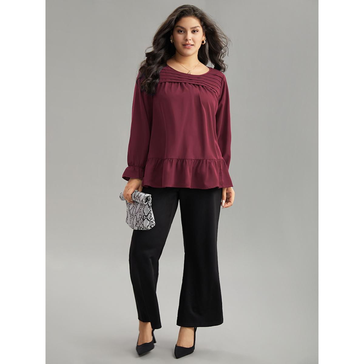 Plus Size Scarlet Static-Free Plain Pleated Ruffles Lantern Sleeve Blouse Women Office Long Sleeve Round Neck Work Blouses BloomChic 30/6X Product Image