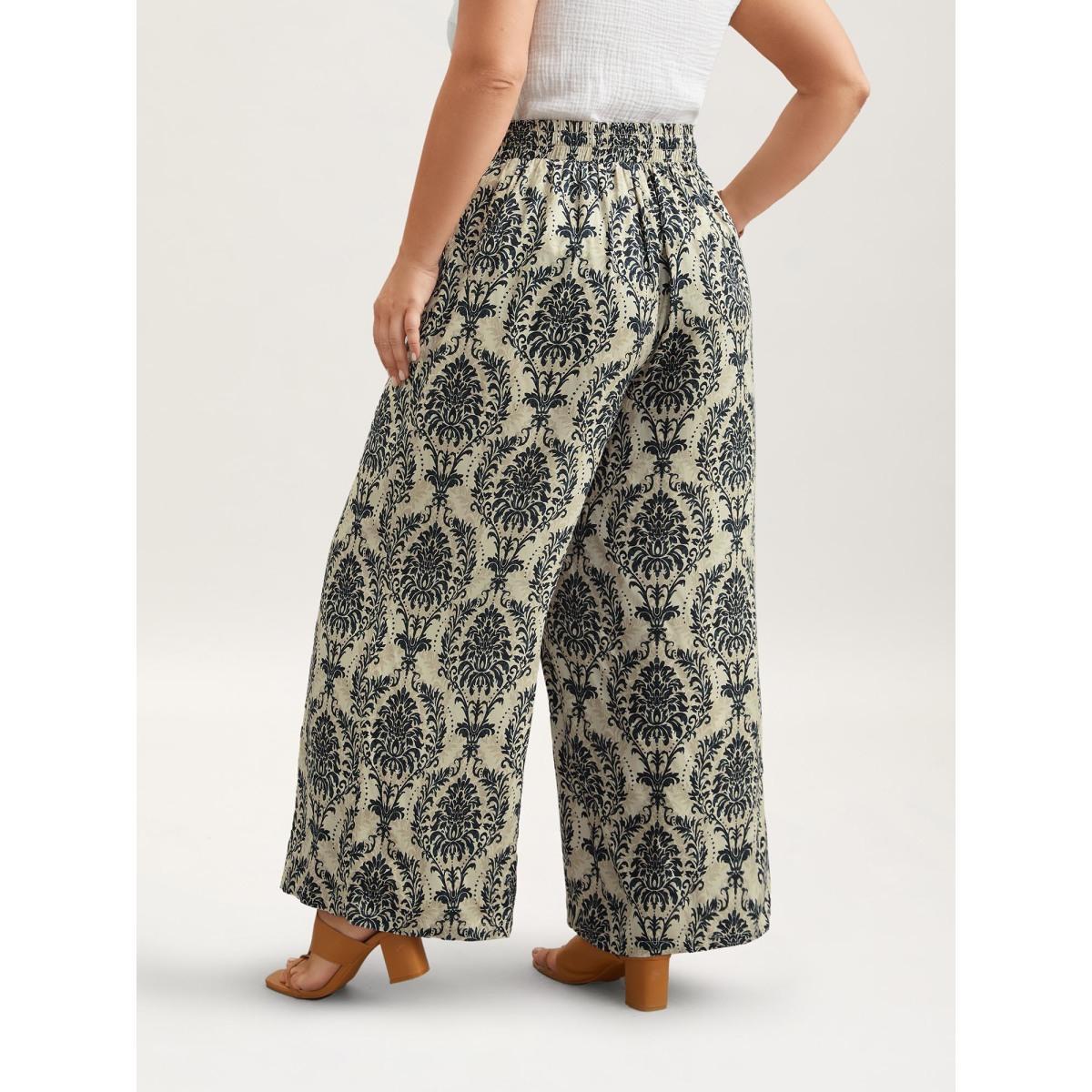 Plus Size Damask Print Tassel Straight-Leg Pants Women DarkBlue Resort Wide Leg Mid Rise Vacation Pants BloomChic 12/L Product Image