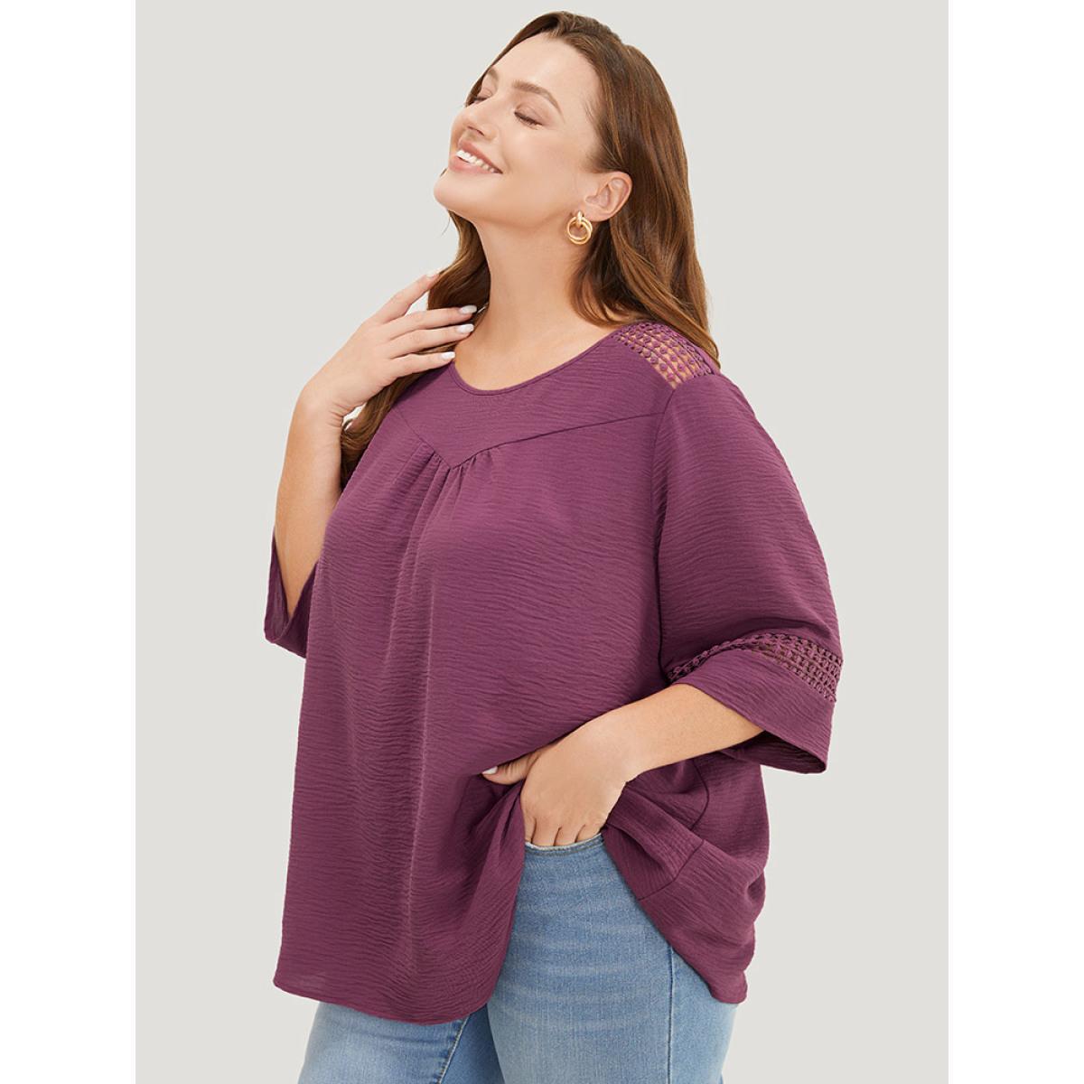 Plus Size Mauve Solid Gathered Lace Patchwork Blouse Women Elegant Elbow-length sleeve Round Neck Dailywear Blouses BloomChic 30/6X Product Image