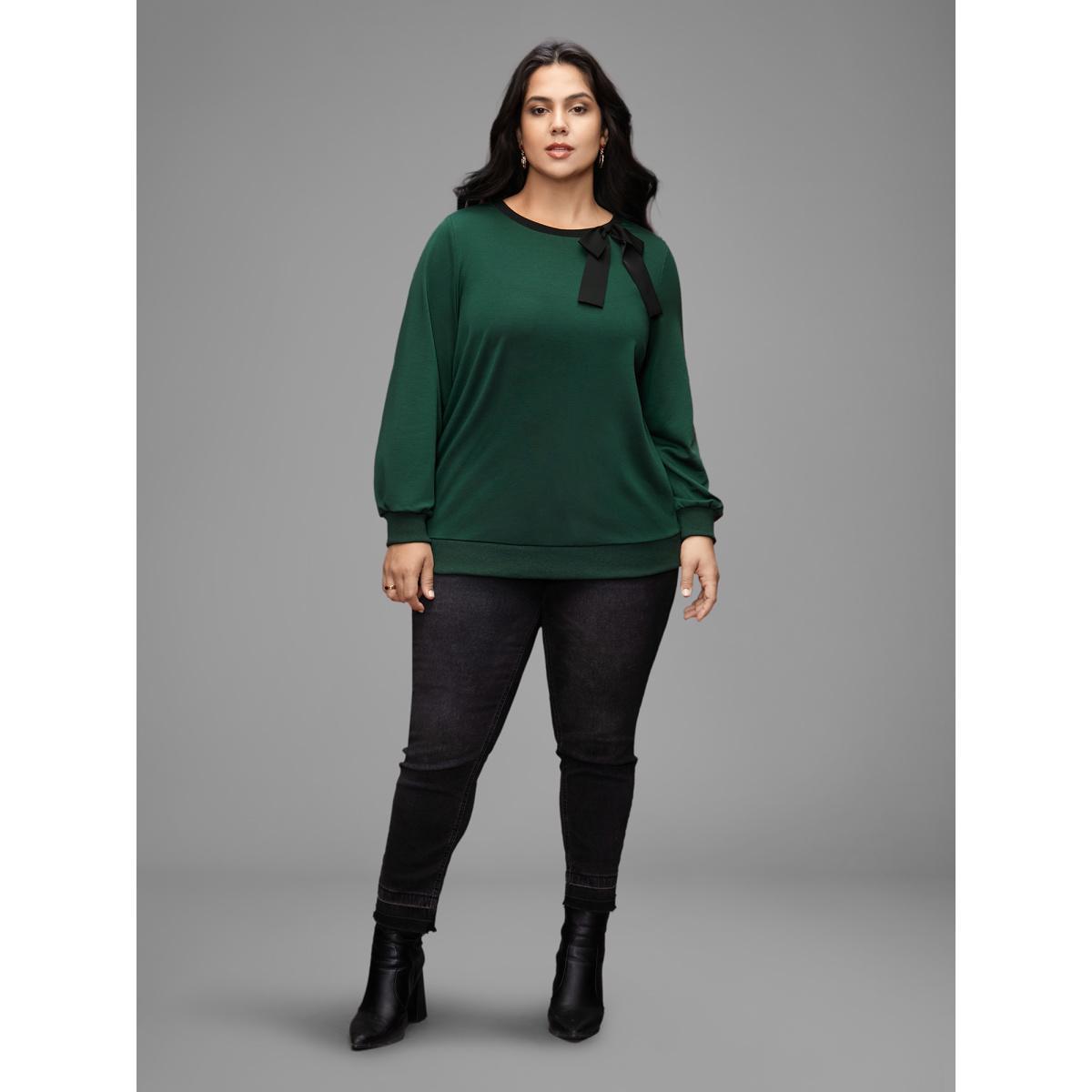 Plus Size Bow-tie Detailing High Neck Sweatshirt Women DarkGreen Casual Contrast Round Neck Everyday Sweatshirts BloomChic 14-16/1X Product Image