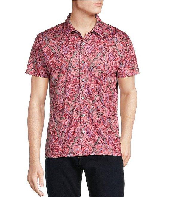 Cremieux Premium Denim Pink Boho Floral Print Short Sleeve Coat Front Knit Shirt Product Image