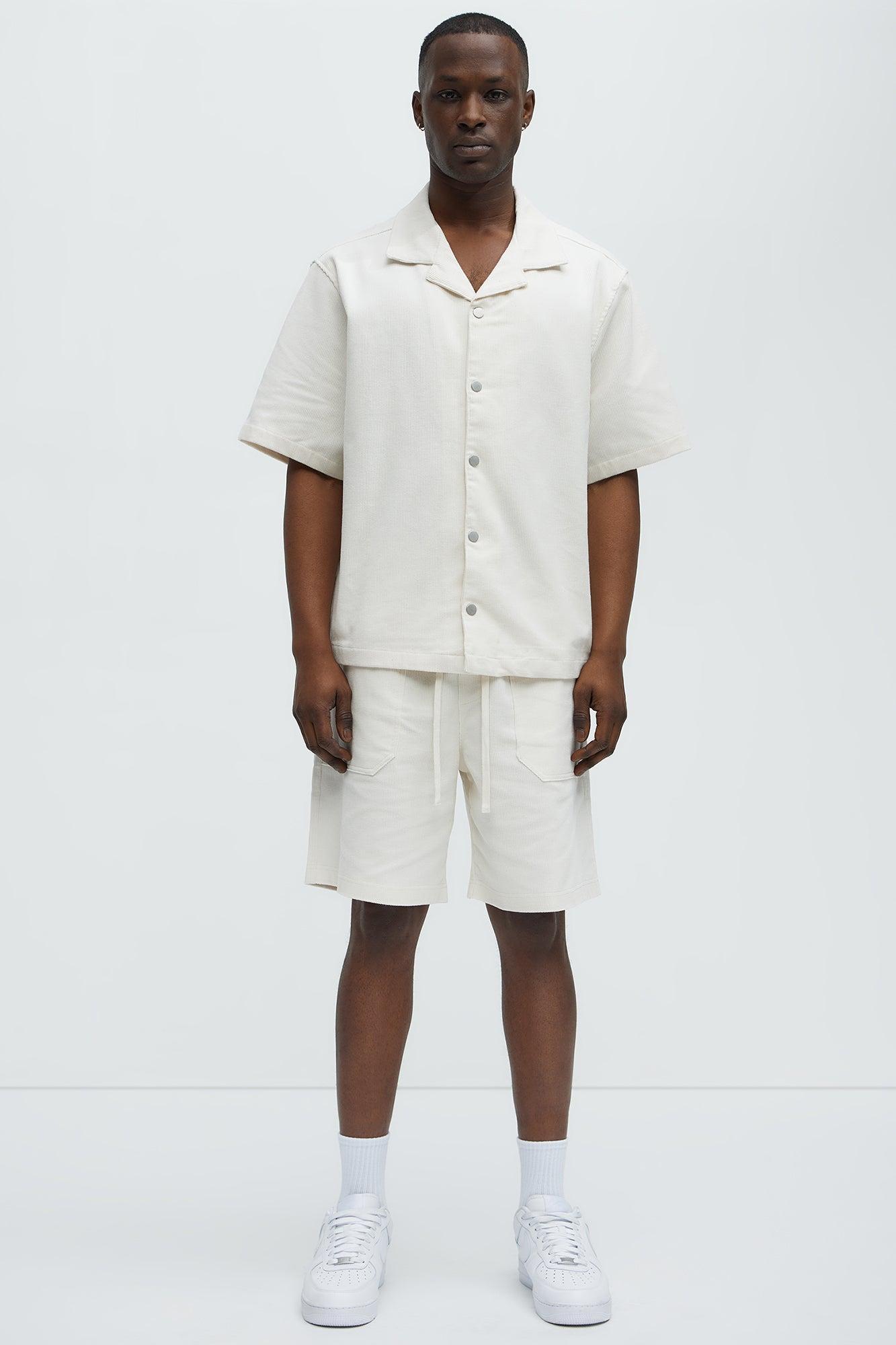 Michigan Corduroy Cuban Collar Cropped Short Sleeve Shirt - Off White Product Image