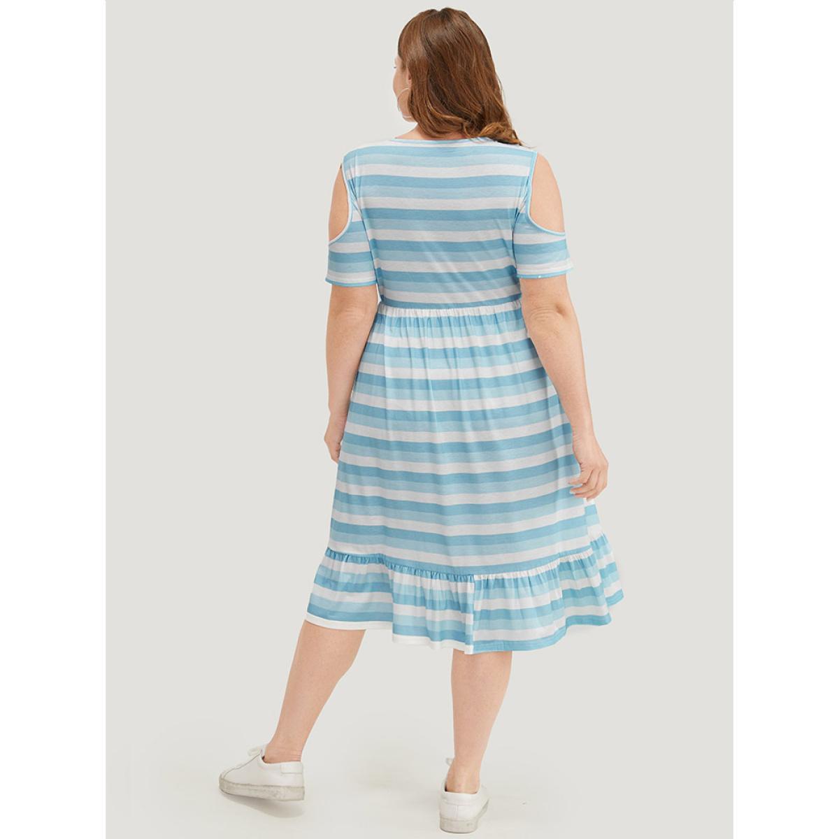 Plus Size Striped Contrast Pocket Ruffle Trim Cold Shoulder Dress LightBlue Women Casual Contrast Cold Shoulder Short sleeve Curvy Midi Dress BloomChic 28/5X Product Image