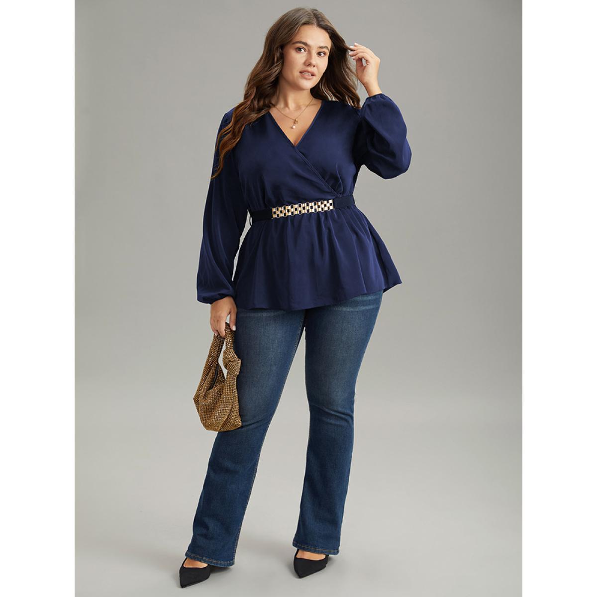 Plus Size Indigo Solid Wrap Flutters Style Accents Belted Blouse Women Office Long Sleeve V-neck Work Blouses BloomChic 30/6X Product Image