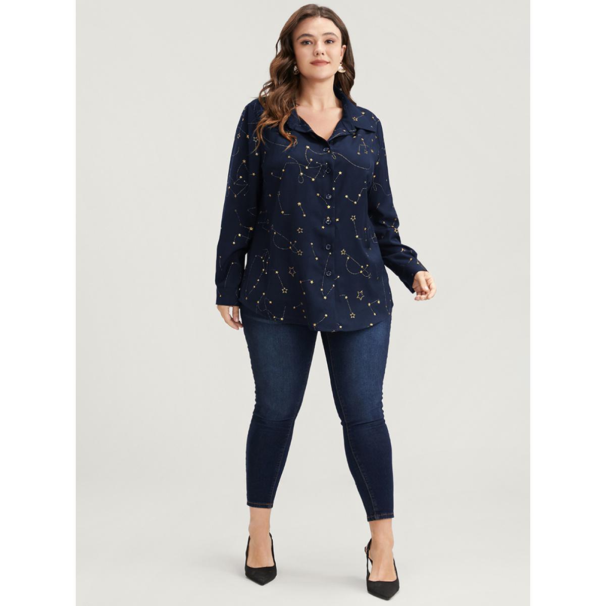Plus Size Navy Star Print Button Up Arc Hem Blouse Women Party Long Sleeve Shirt collar Going out Blouses BloomChic 26/4X Product Image
