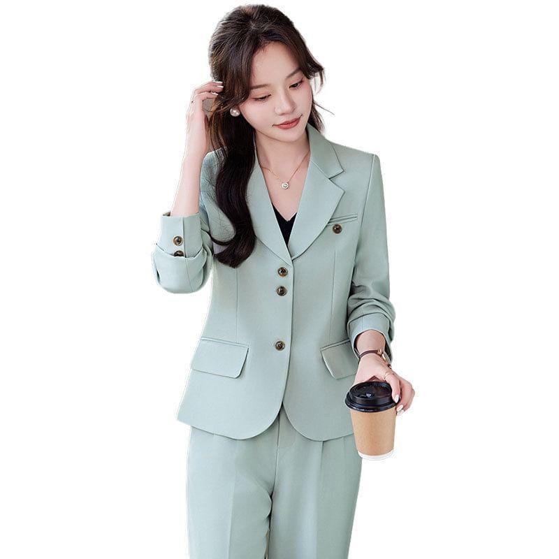 Lapel Collar Plain Single Breasted Blazer / Mid Rise Plain Wide Leg Suit Pants / Set Product Image