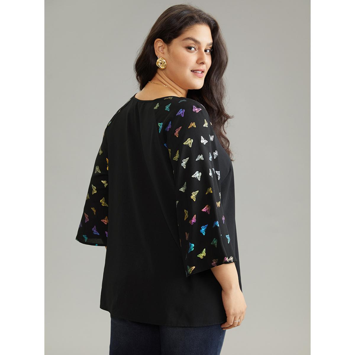 Plus Size Black Glitter Butterfly Flutter Raglan Sleeve Blouse Women Elegant Elbow-length sleeve V-neck Party Blouses BloomChic 30/6X Product Image