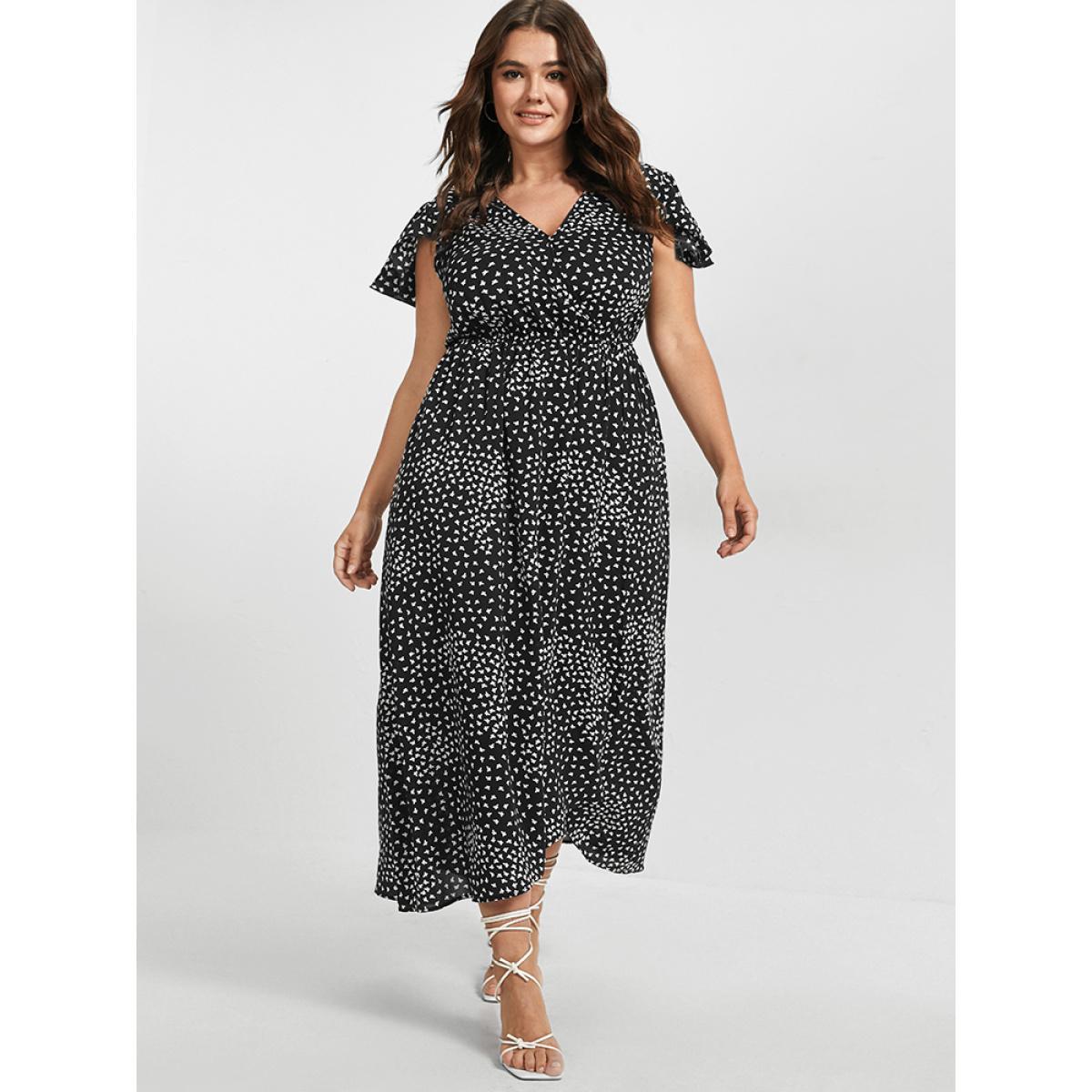 Plus Size V Neck Butterfly Pattern Split Dress Multicolor Women Elegant Gathered V-neck Cap Sleeve Curvy Midi Dress BloomChic 14/1X Product Image