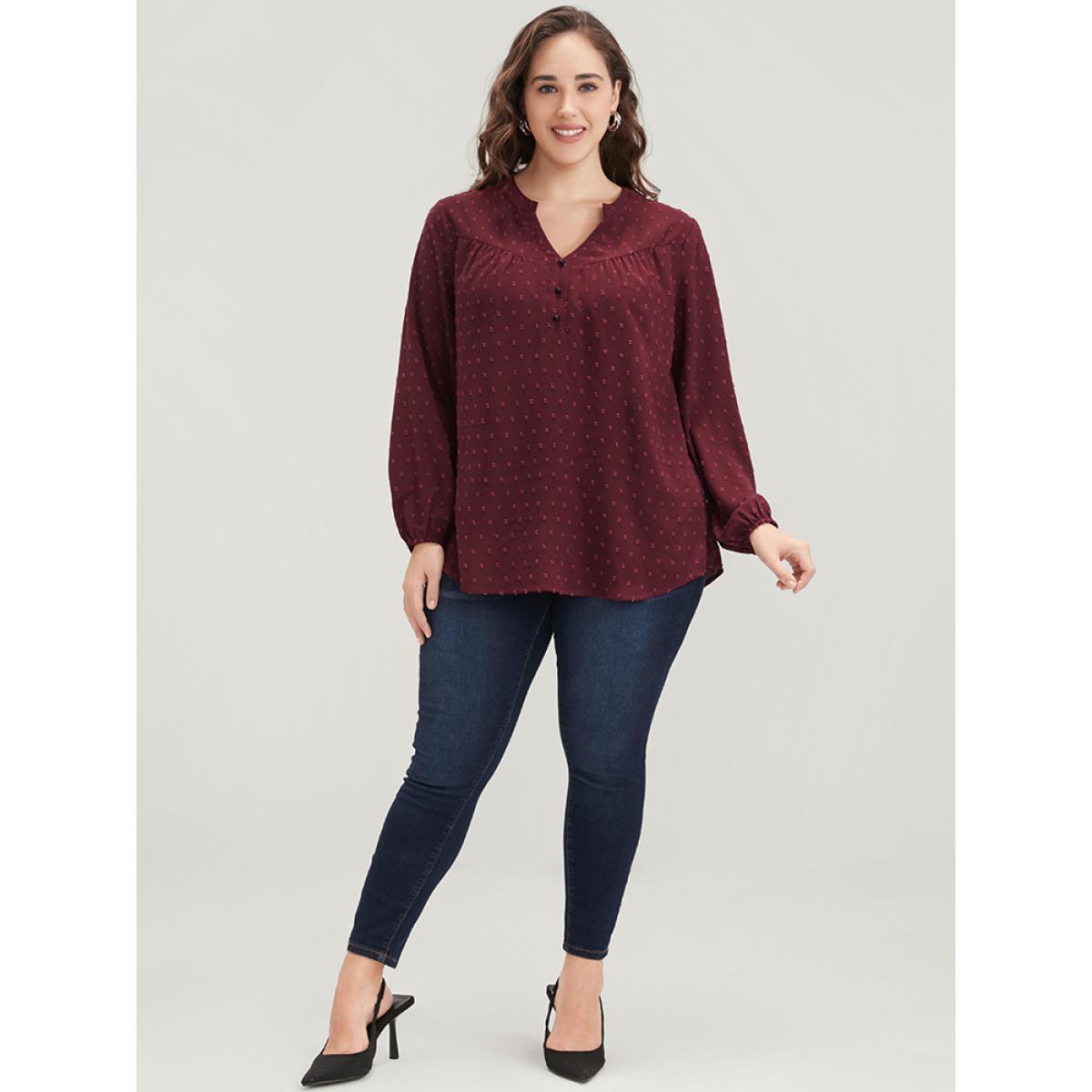 Plus Size Burgundy Polka Dot Button Detail Lantern Sleeve Arc Hem Blouse Women Office Long Sleeve V-neck Work Blouses BloomChic 18-20/2X Product Image