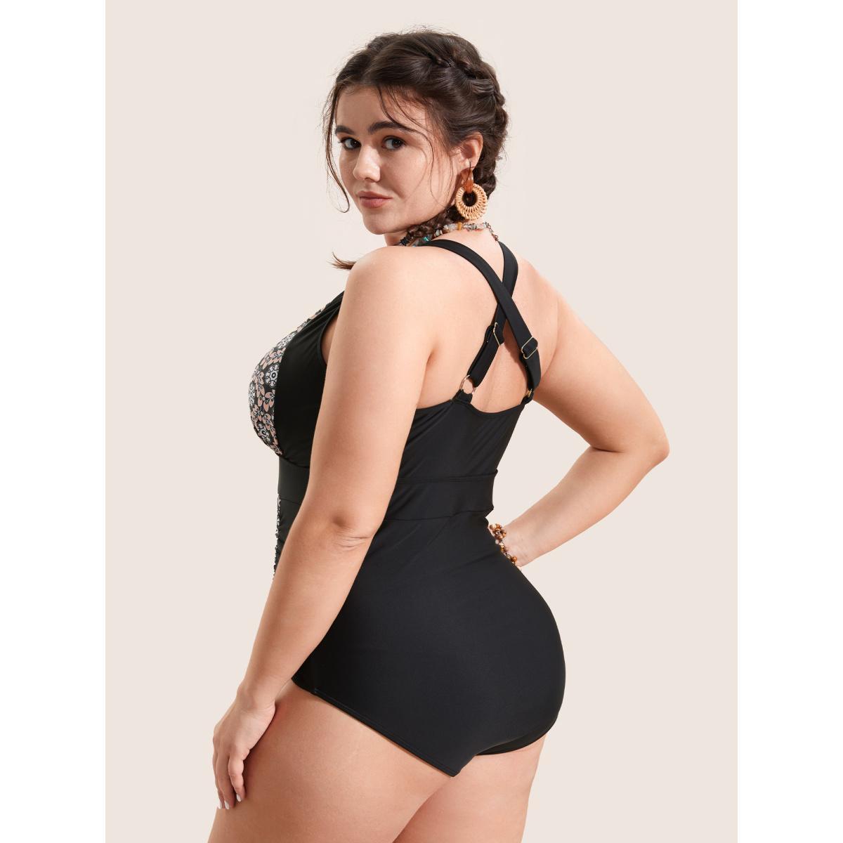 Plus Size Overlap Collar Boho Print Patchwork One Piece Swimsuit Women's Swimwear Black Beach Gathered Curve Bathing Suits High stretch One Pieces BloomChic 26/4X Product Image