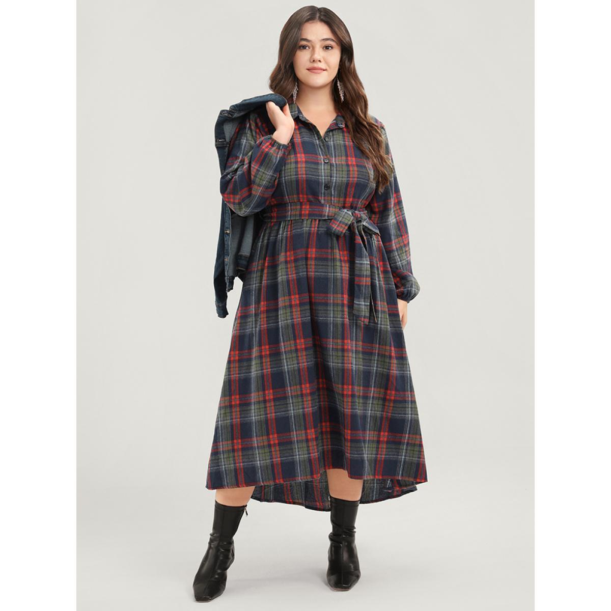 Plus Size Tartan Shirt Collar Lantern Sleeve Belted High Low Hem Dress Indigo Women Elegant Belted Shirt collar Long Sleeve Curvy Long Dress BloomChic 18-20/2X Product Image