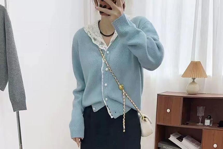 Lace Panel Hooded Button-Up Crop Cardigan Product Image