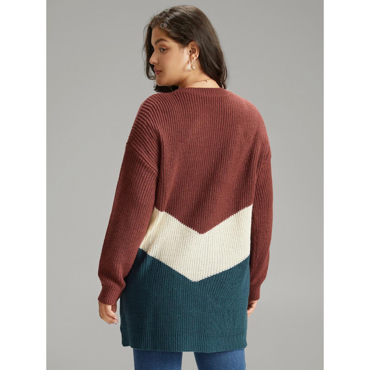 Plus Size Colorblock Contrast Elastic Cuffs Pullover Multicolor Women Casual Loose Long Sleeve Round Neck Dailywear Pullovers BloomChic 14-16/1X Product Image