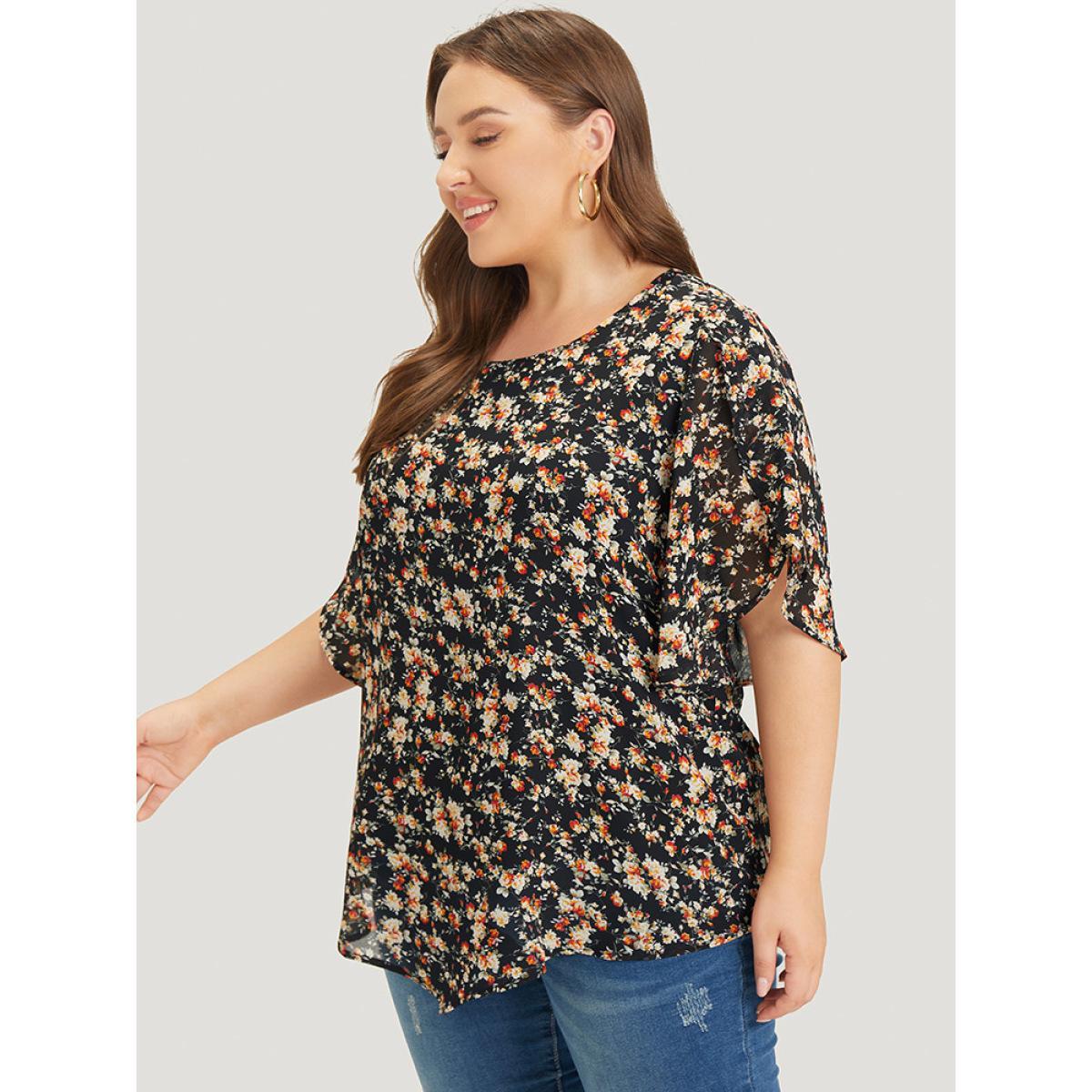 Plus Size Black Ditsy Floral Split Petal Sleeve Crew Neck Blouse Women Elegant Short sleeve Round Neck Dailywear Blouses BloomChic 12/L Product Image
