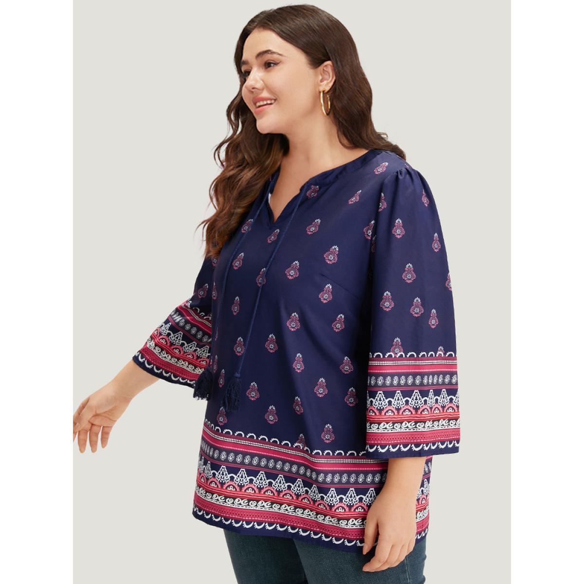 Plus Size Indigo Boho Print Tie Neck Tassel Trim Blouse Women Vacation Elbow-length sleeve V-neck Vacation Blouses BloomChic 26/4X Product Image