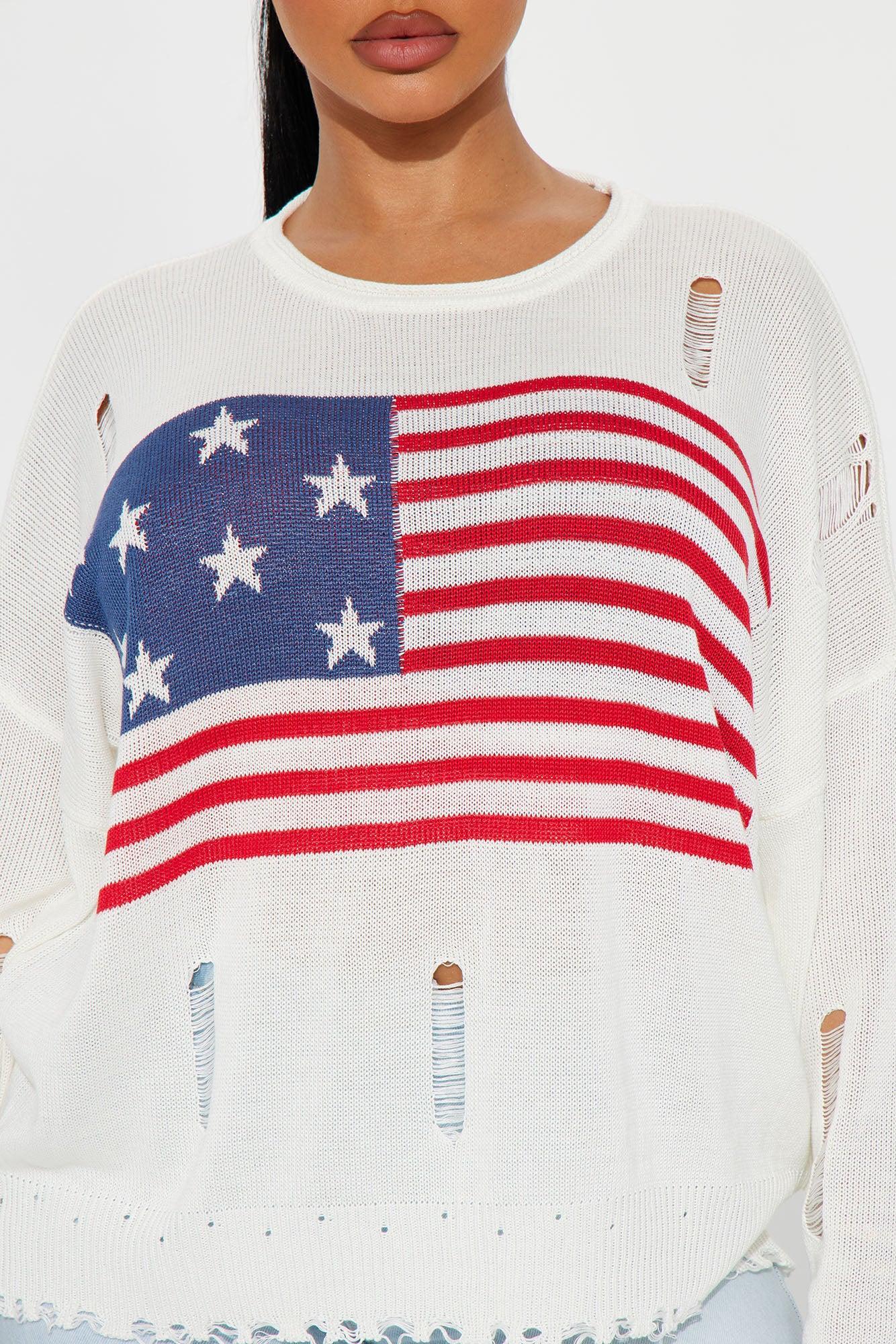 American Flag Distressed Sweater - Ivory/combo Product Image