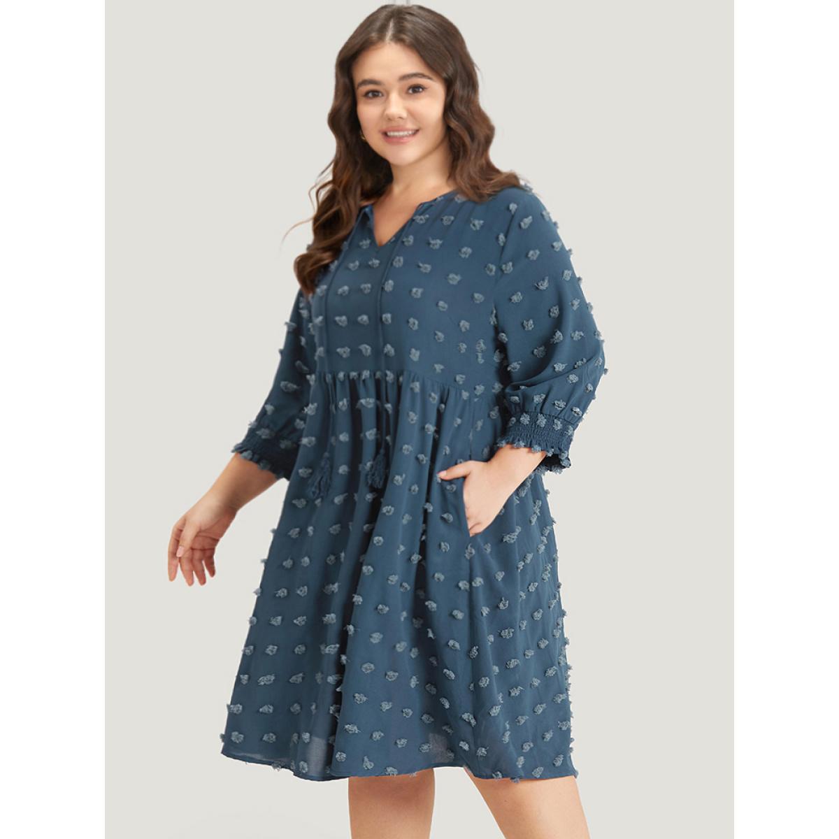 Plus Size Polka Dot Tassels Ties Shirred Cuffs Pocket Dress DarkBlue Women Office Elastic cuffs V-neck Elbow-length sleeve Curvy Midi Dress BloomChic 22-24/3X Product Image