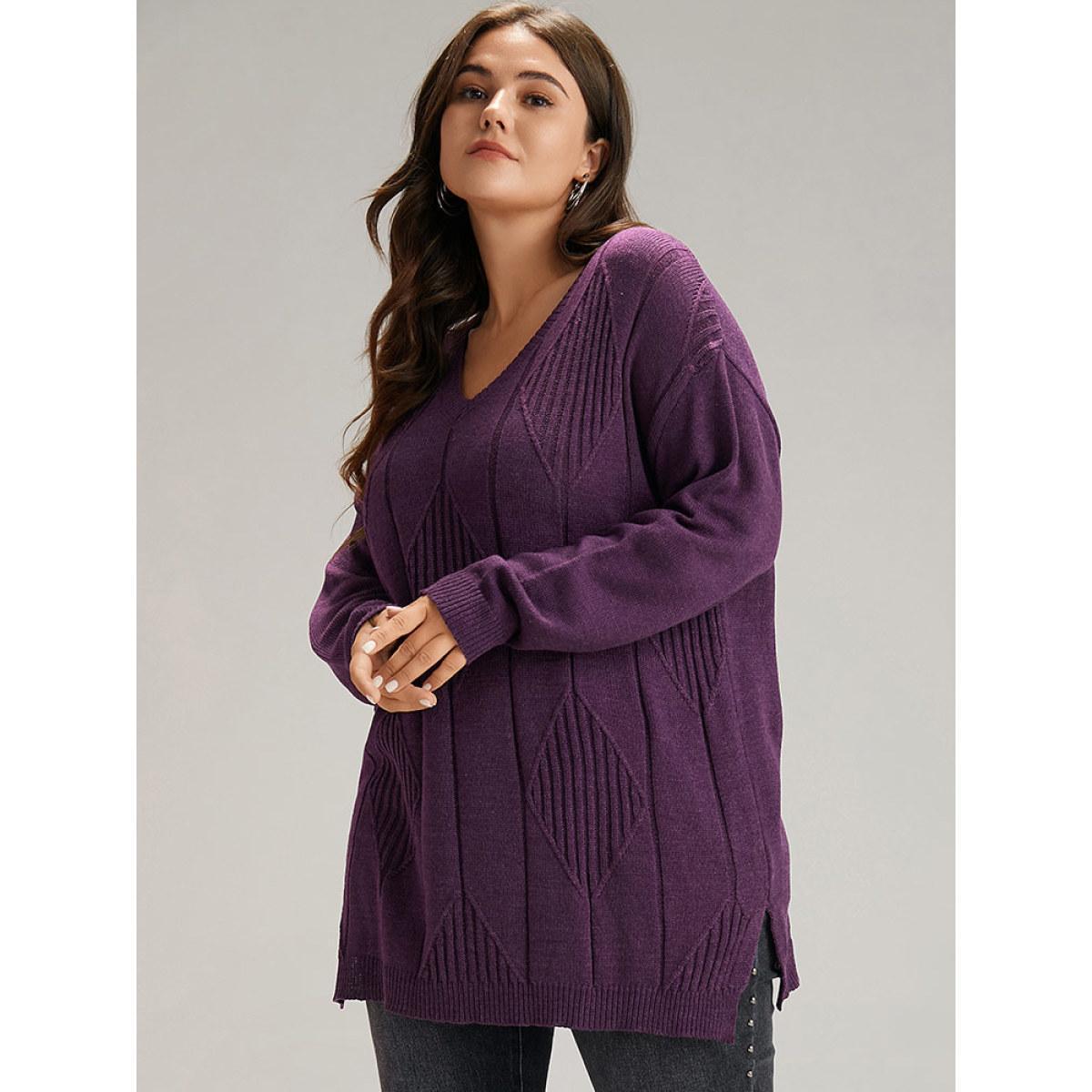 Plus Size Geometric V Neck Split Hem Pullover Purple Women Casual Long Sleeve V-neck Dailywear Pullovers BloomChic 10/M Product Image