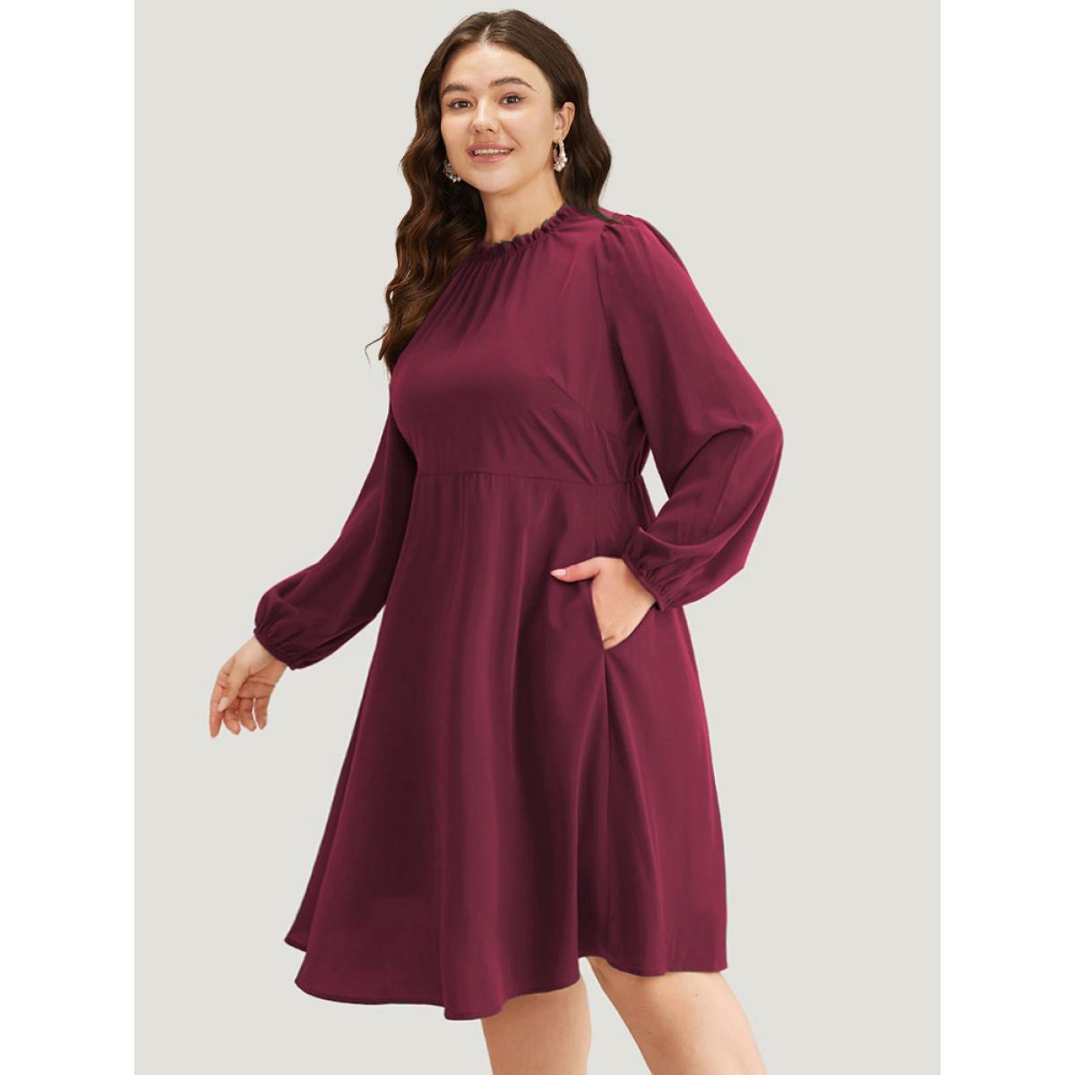 Plus Size Anti-Wrinkle Frill Trim Elastic Cuffs Dress DarkGreen Women Office Elastic cuffs Mock Neck Long Sleeve Curvy Midi Dress BloomChic 22-24/3X Product Image