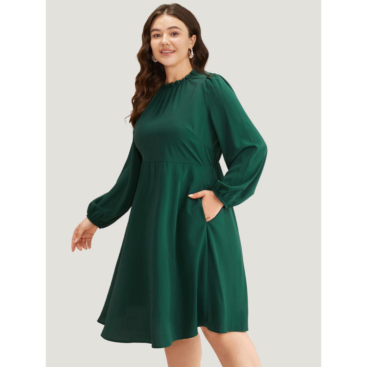 Plus Size Anti-Wrinkle Frill Trim Elastic Cuffs Dress DarkGreen Women Office Elastic cuffs Mock Neck Long Sleeve Curvy Midi Dress BloomChic 22-24/3X Product Image
