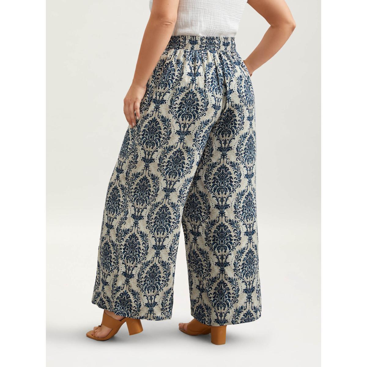 Plus Size Damask Print Tassel Straight-Leg Pants Women DarkBlue Resort Wide Leg Mid Rise Vacation Pants BloomChic 12/L Product Image