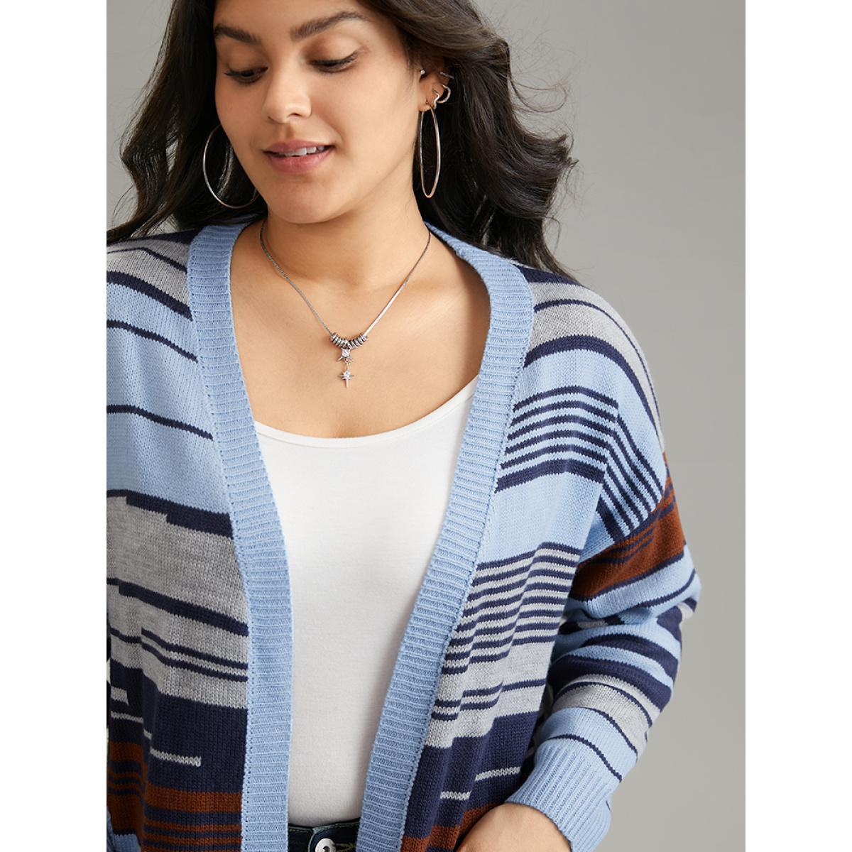 Plus Size Jacquard Asymmetrical Colorblock Contrast Cardigan Stone Women Casual Loose Long Sleeve Dailywear Cardigans BloomChic 26/4X Product Image