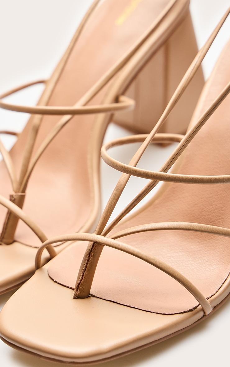 Nude Pu Square Toe Thong Strappy Lace Up Block Heeled Sandals Product Image