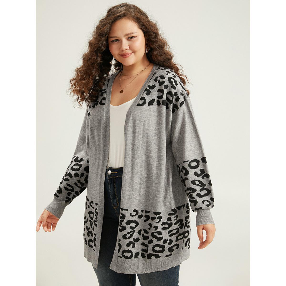 Plus Size Supersoft Essentials Leopard Contrast Elastic Cuffs Pullover DarkGray Women Casual Loose Long Sleeve Dailywear Cardigans BloomChic 22-24/3X Product Image