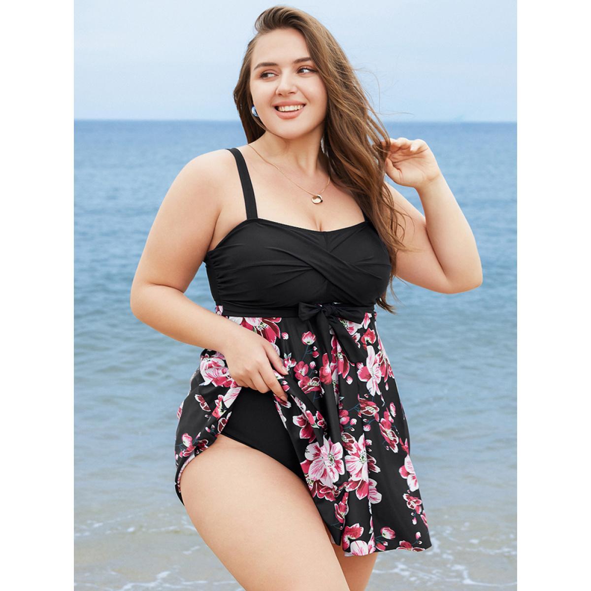Plus Size Floral Print Knotted Twist Front A Line Swim Dress Women's Swimwear Black Vacation Bodycon High stretch Curve Swim Dresses BloomChic 22-24/3X Product Image