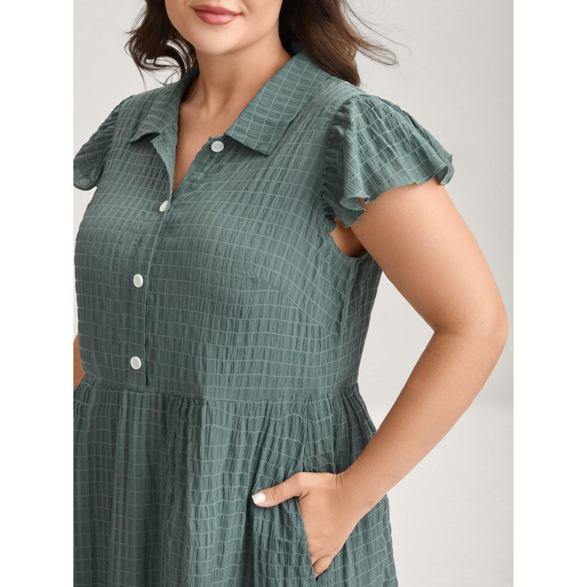 Plus Size Textured Pockets Collar Flutter Sleeve Midi Dress Moss Women Shirt collar Cap Sleeve Curvy BloomChic 18-20/2X Product Image