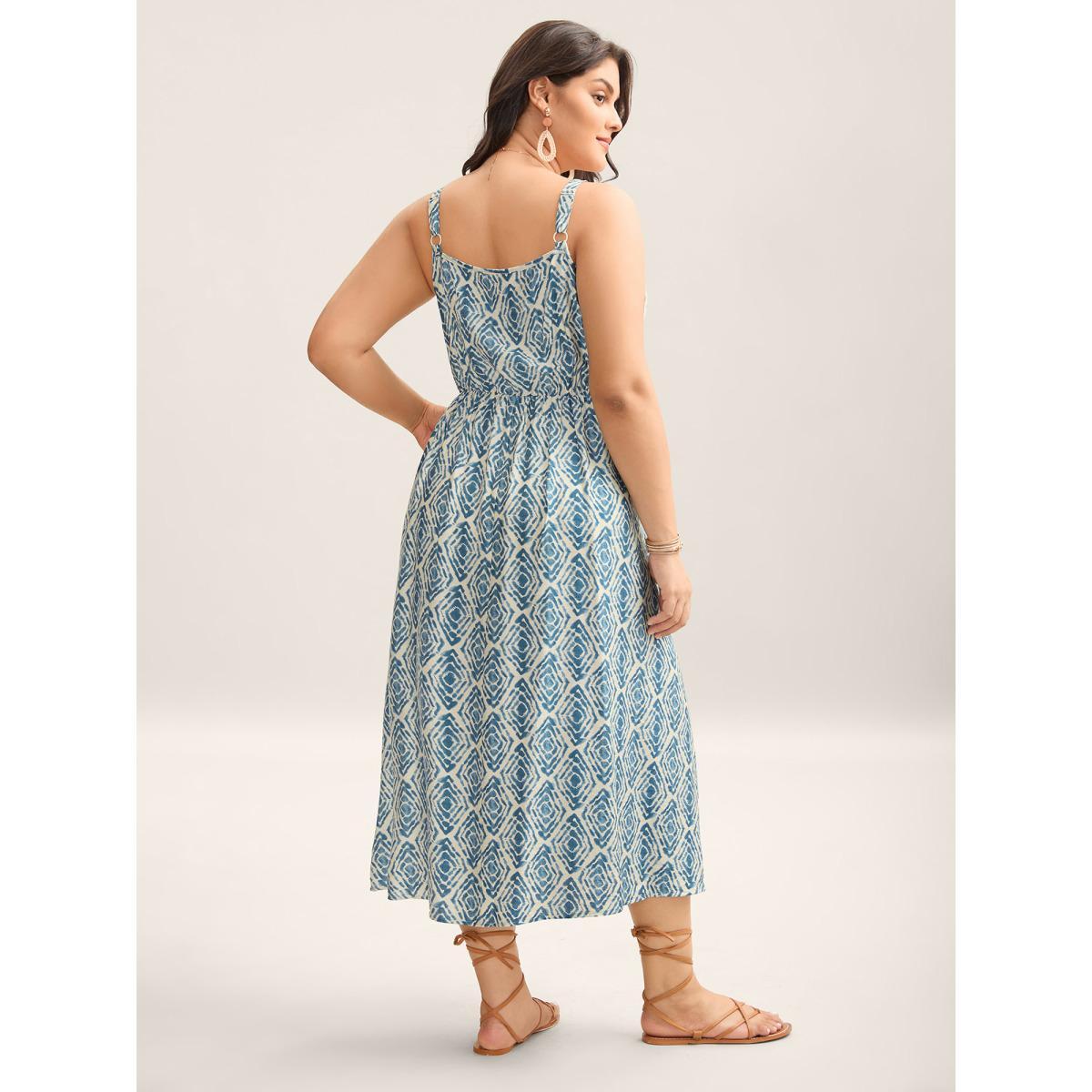 Plus Size Wavy Print Cami Flowy Maxi Dress Mediumblue Women V-neck Sleeveless Curvy BloomChic 26/4X Product Image