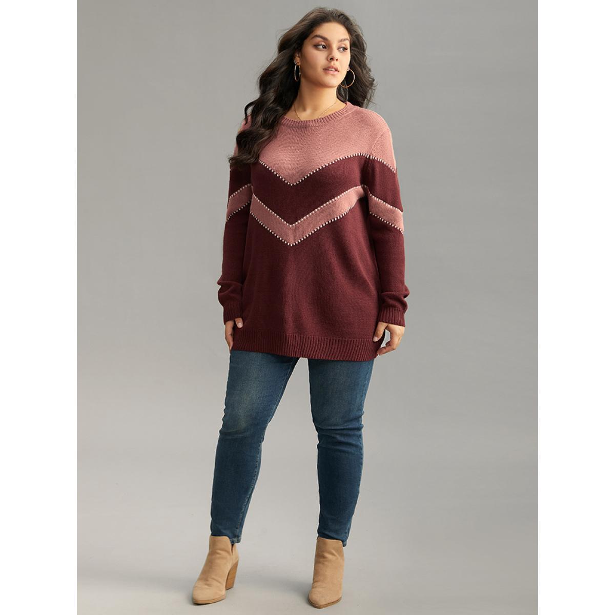 Plus Size Colorblock Contrast Round Neck Pullover Burgundy Women Casual Loose Long Sleeve Round Neck Dailywear Pullovers BloomChic 26/4X Product Image