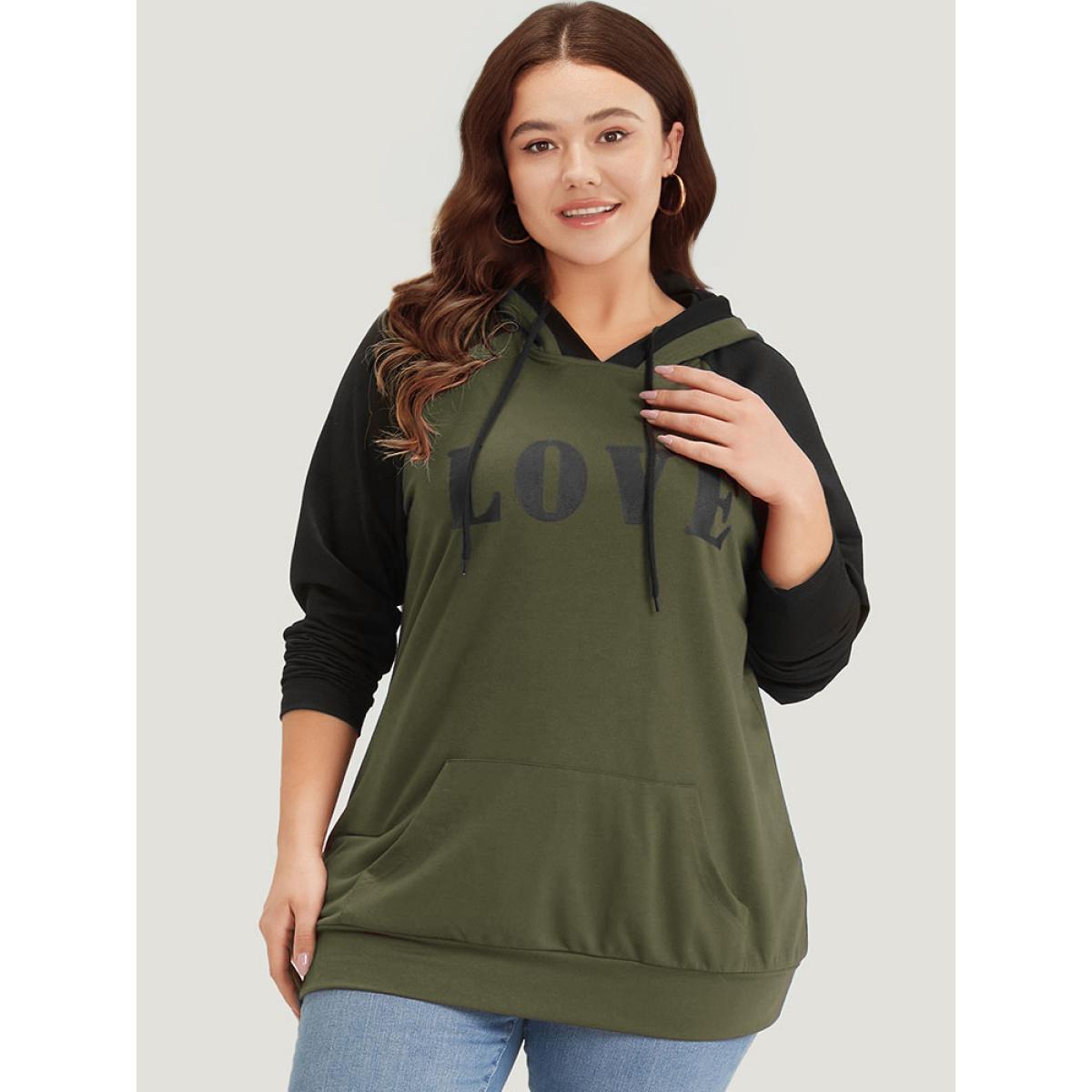 Plus Size Letter Print Contrast Hooded Pocket Drawstring Sweatshirt Women ArmyGreen Casual Elastic cuffs Dailywear Sweatshirts BloomChic 22-24/3X Product Image