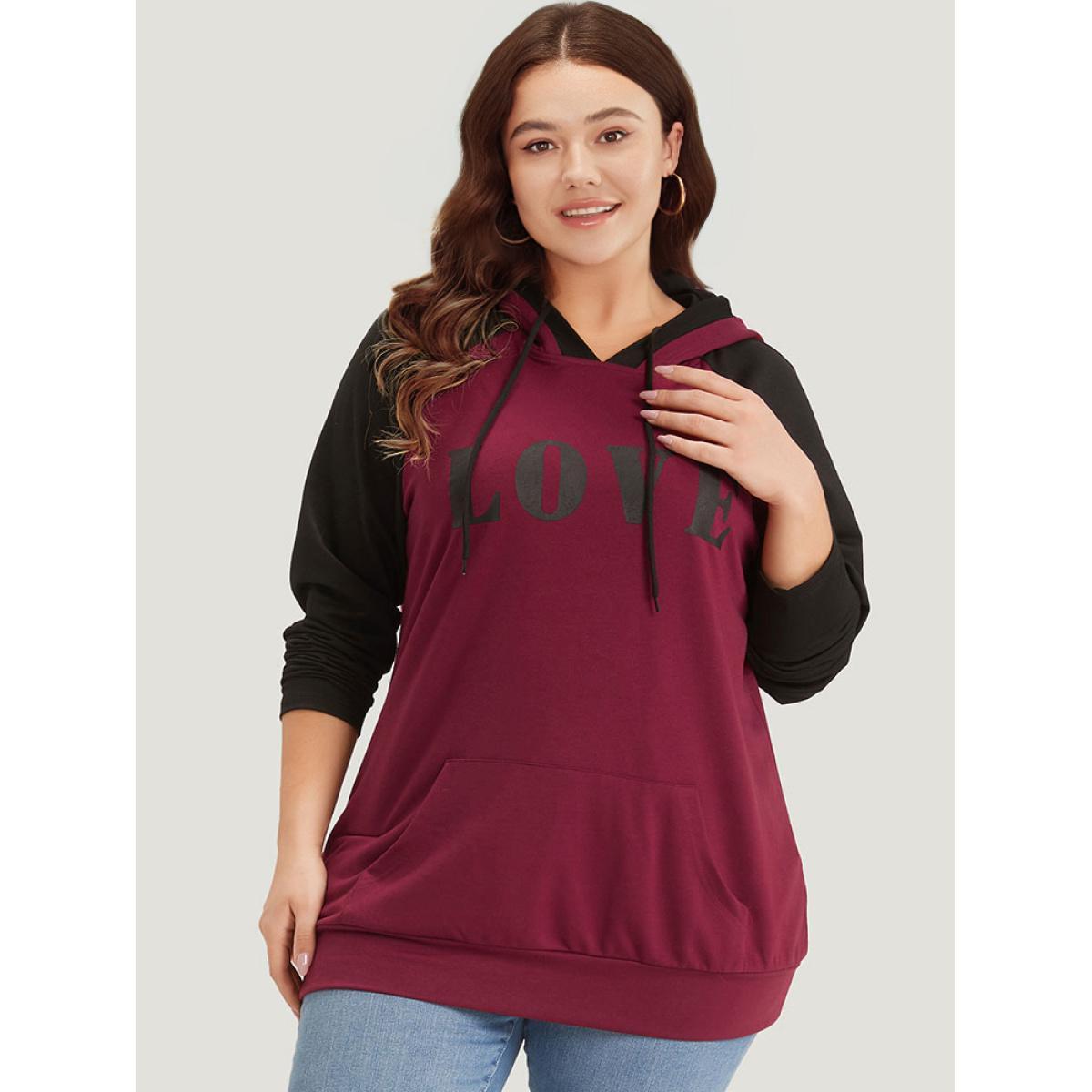 Plus Size Letter Print Contrast Hooded Pocket Drawstring Sweatshirt Women Multicolor Casual Elastic cuffs Dailywear Sweatshirts BloomChic 28/5X Product Image
