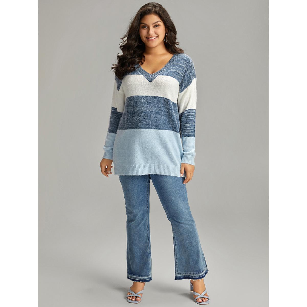 Plus Size Colorblock Contrast V Neck Pullover Multicolor Women Casual Long Sleeve V-neck Dailywear Pullovers BloomChic 10/M Product Image