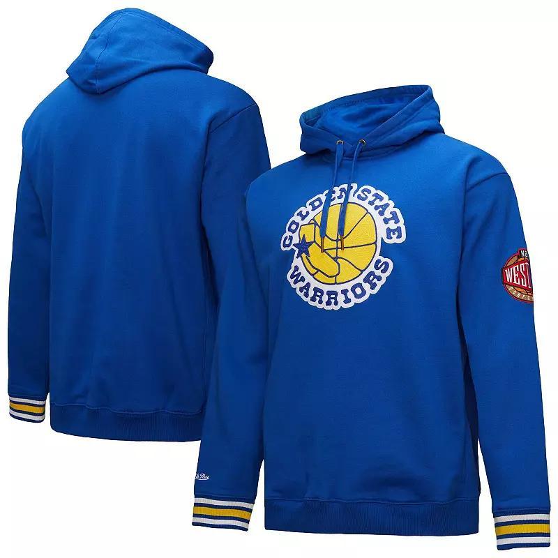 Men's Mitchell & Ness Royal Golden State Warriors Chainstitch Applique Vintage Heavyweight Pullover Hoodie, Size: 2XL, Blue Product Image