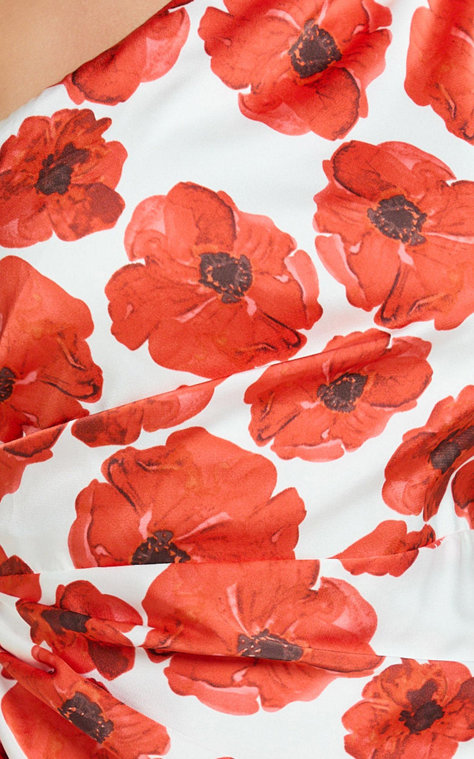 Maria Midi Dress - One Shoulder High Slip Leg in Red Floral Product Image