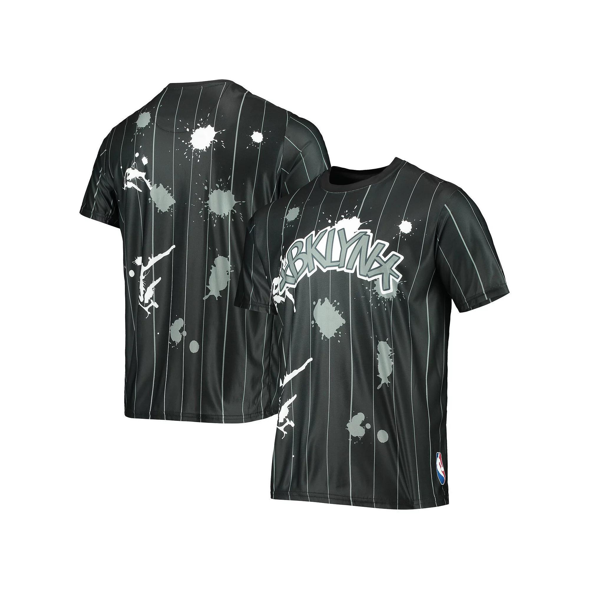 Men's Black Brooklyn Nets Striped Splatter T-Shirt, Size: XL Product Image