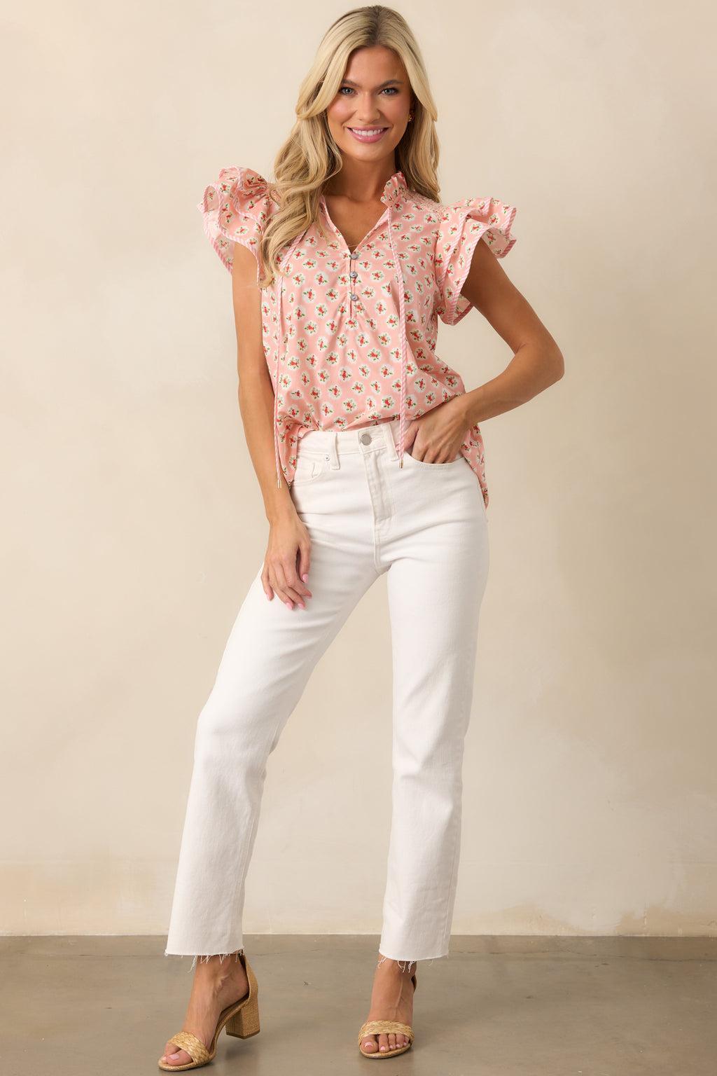 Dinner Date Cotton Light Pink Flutter Sleeve Blouse Product Image