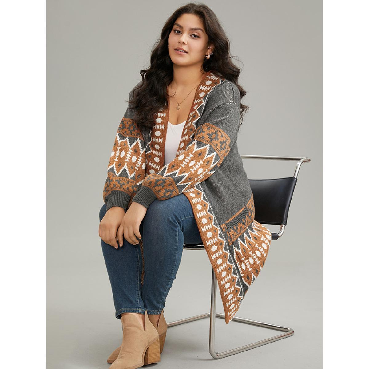 Plus Size Contrast Geometric Pocket Open Front Cardigan DimGray Women Casual Loose Long Sleeve Dailywear Cardigans BloomChic 10/M Product Image