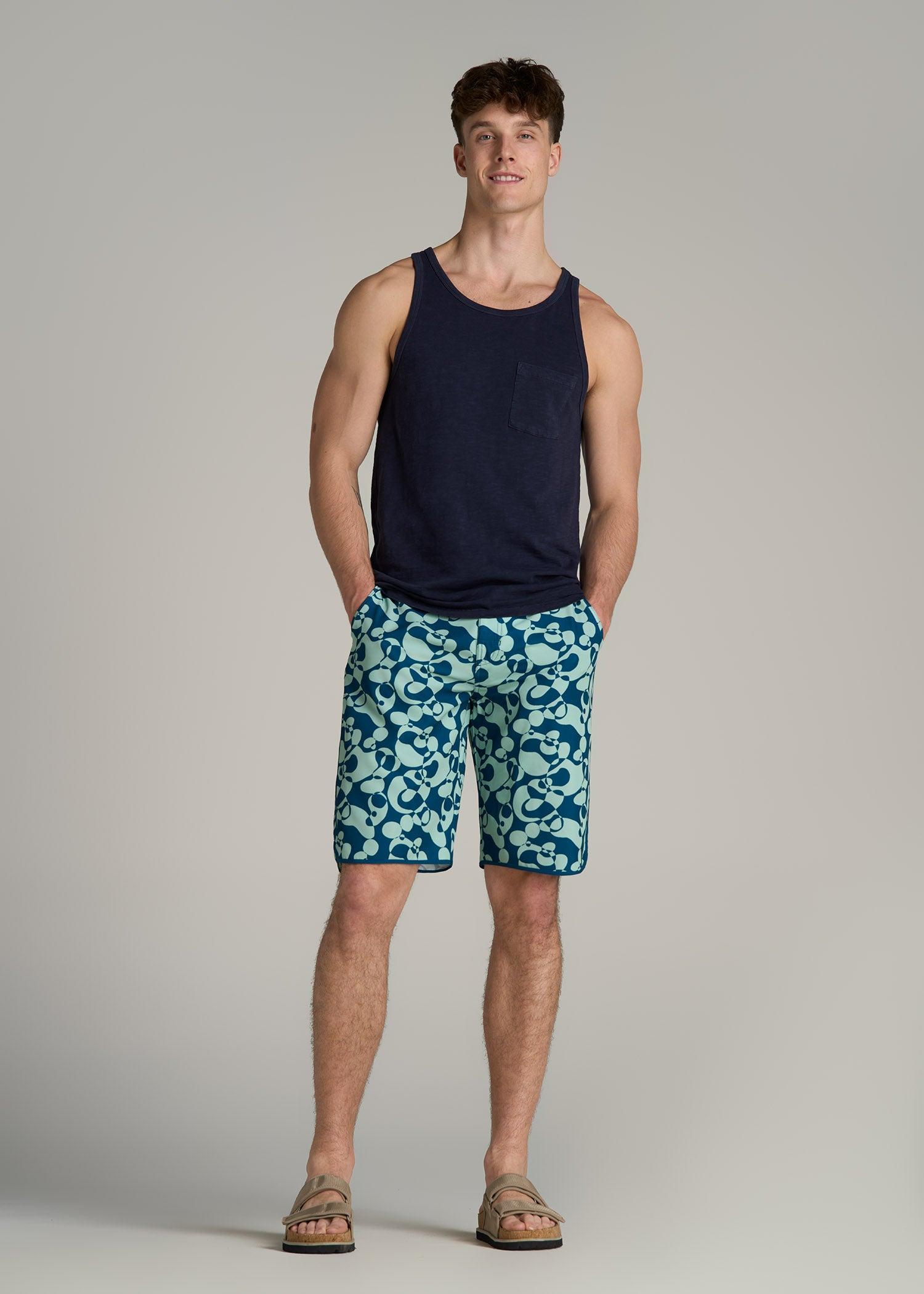 Hi-Tide Scallop Board Shorts for Tall Men in Mint Abstract Male Product Image