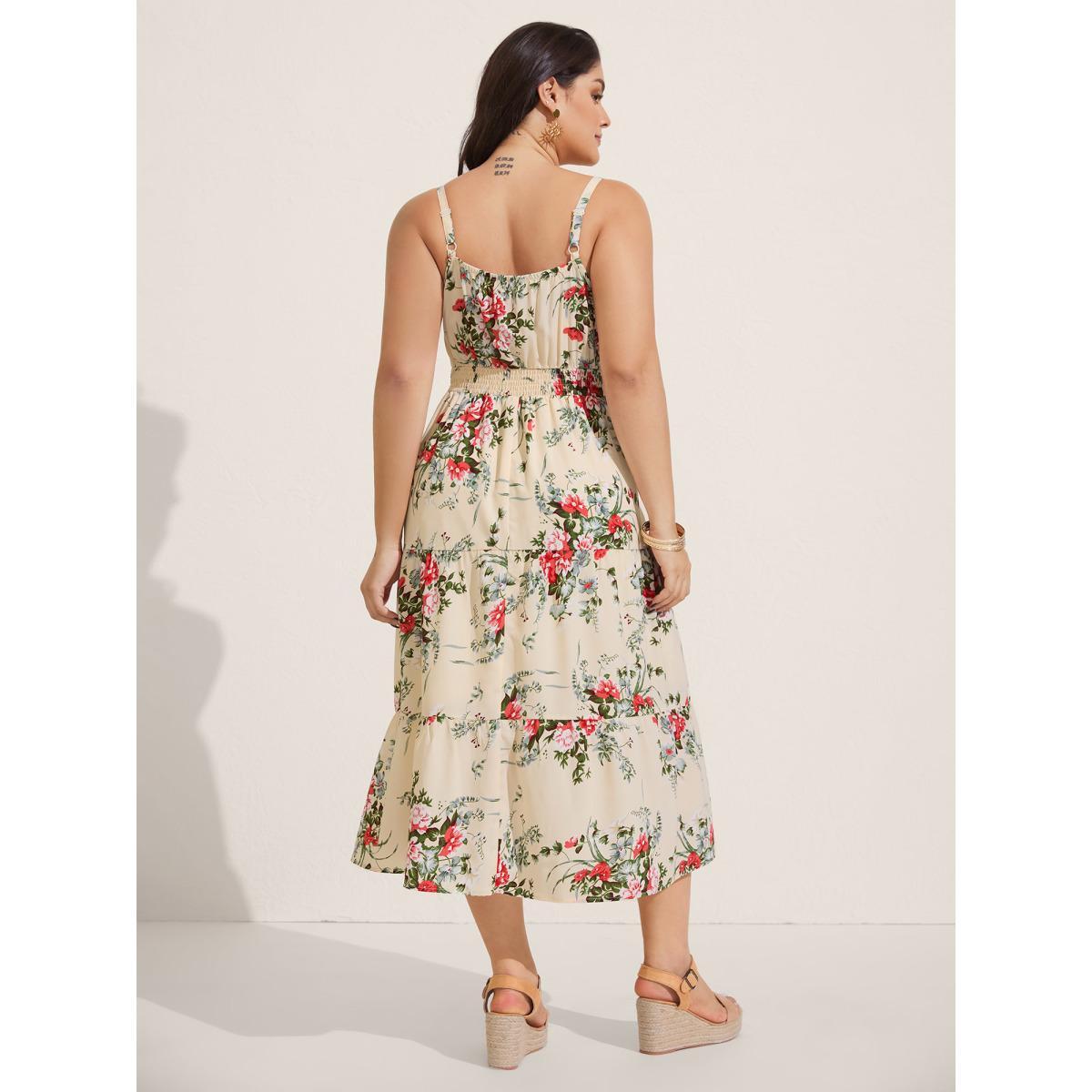 Plus Size Floral Pleated Waist Pockets Midi Dress Apricot Women Non Sleeveless Curvy BloomChic 26/4X Product Image