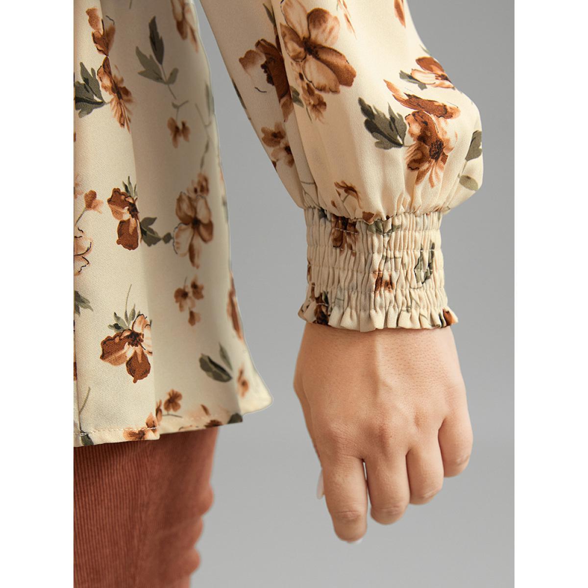Plus Size Tan Ditsy Floral Shirred Ties Square Neck Blouse Women Elegant Long Sleeve Square Neck Dailywear Blouses BloomChic 18-20/2X Product Image