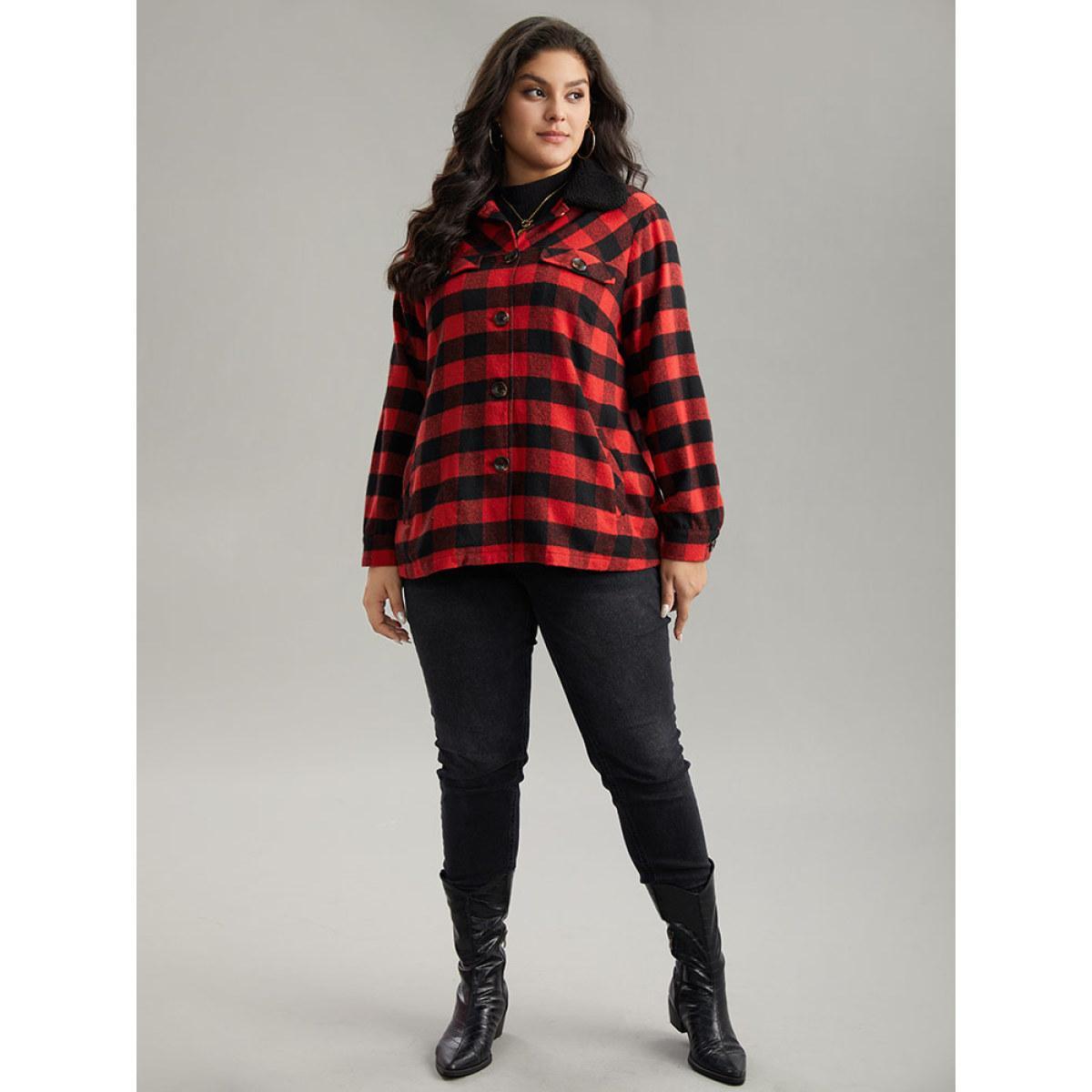 Plus Size Plaid Button Through Patchwork Contrast Shacket Women Red Casual Contrast Ladies Dailywear Winter Coats BloomChic 30/6X Product Image