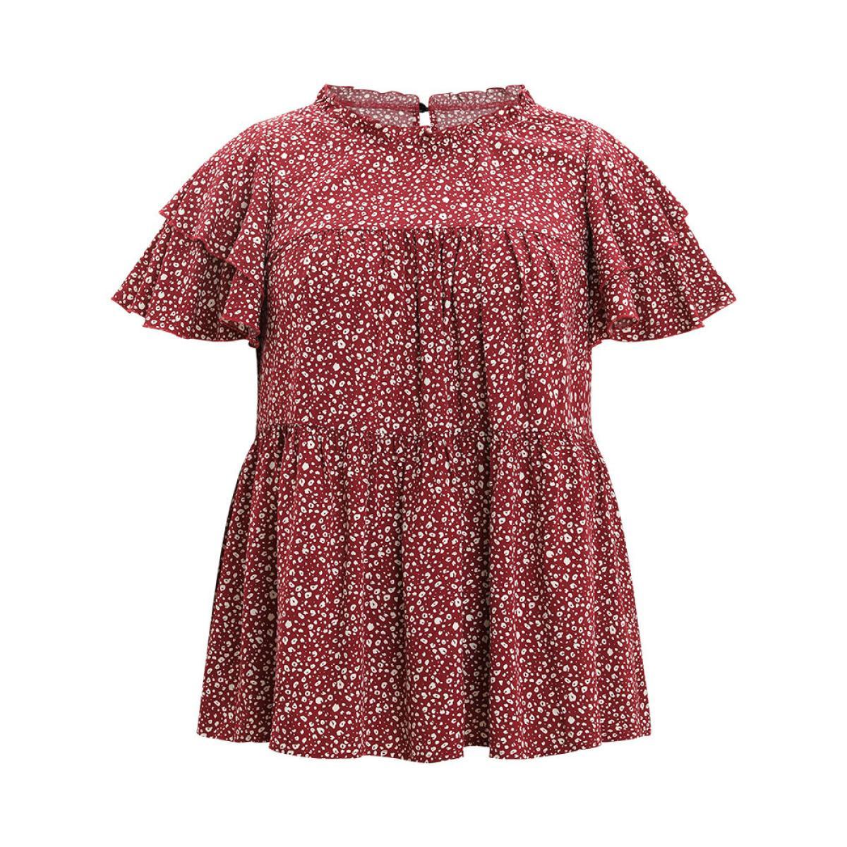 Plus Size Burgundy Leopard Print Frill Trim Ruffle Layered Sleeve Blouse Women Elegant Short sleeve Stand-up collar Dailywear Blouses BloomChic 10/M Product Image